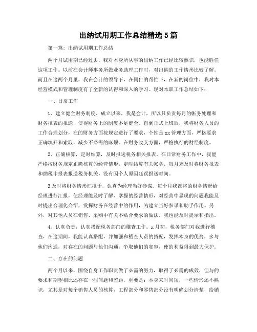 出纳试用期工作总结5篇
