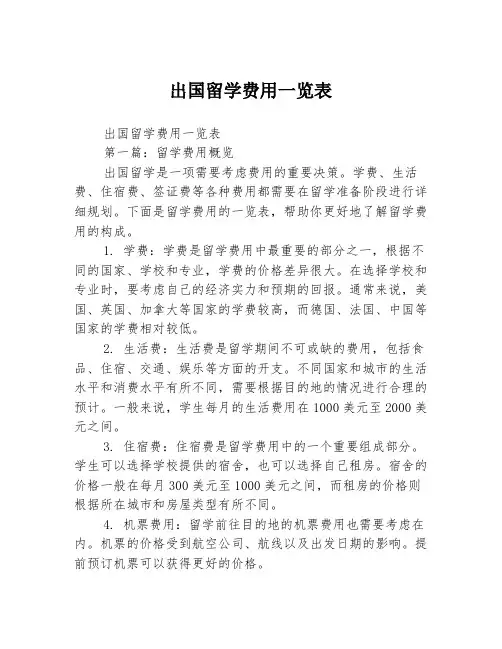 出国留学费用一览表2篇