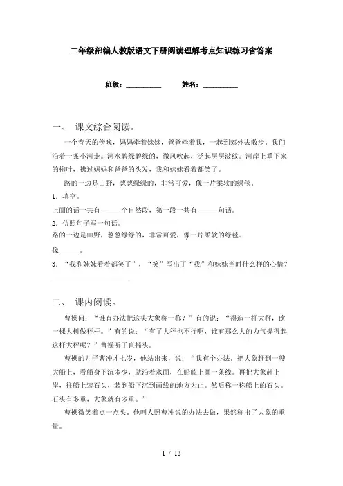 二年级部编人教版语文下册阅读理解考点知识练习含答案