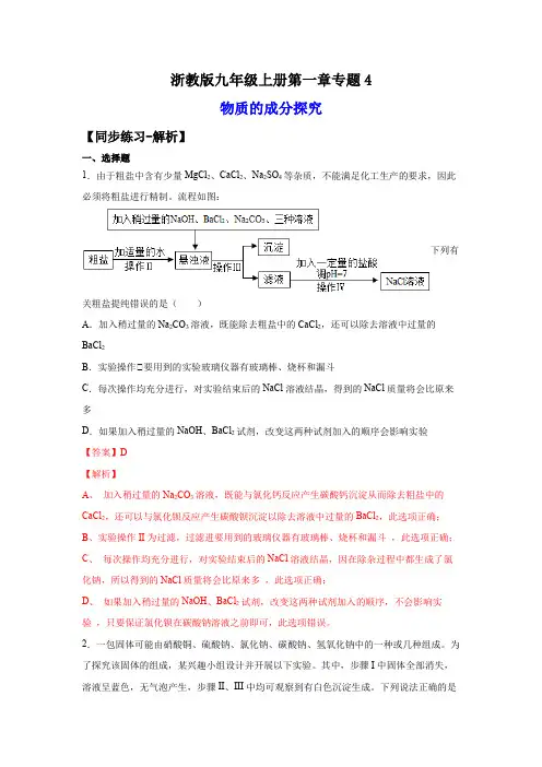 2022-2023学年浙江九年级上学期科学同步练习专题4-物质的成分探究(解析版)