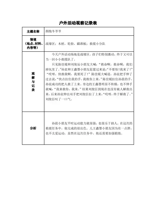 大班游戏观察记录表学习故事
