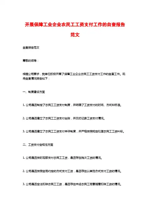 开展保障工业企业农民工工资支付工作的自查报告范文