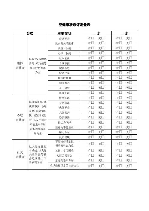 亚健康状态评定量表