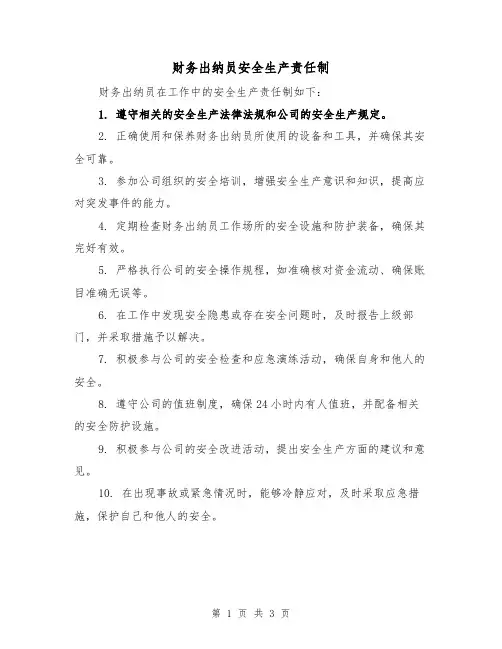 财务出纳员安全生产责任制(三篇)