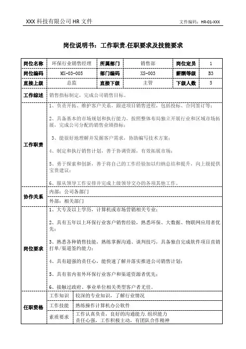 环保行业销售经理岗位说明书工作职责和任职要求