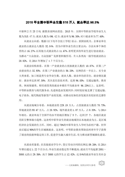2015年全国中职毕业生逾515万人 就业率达96.3%