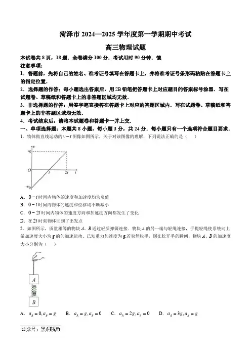 山东省菏泽市2024-2025学年高三上学期期中考试物理试题