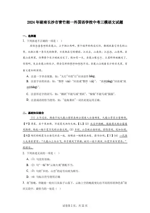 2024年湖南长沙市青竹湘一外国语学校中考三模语文试题