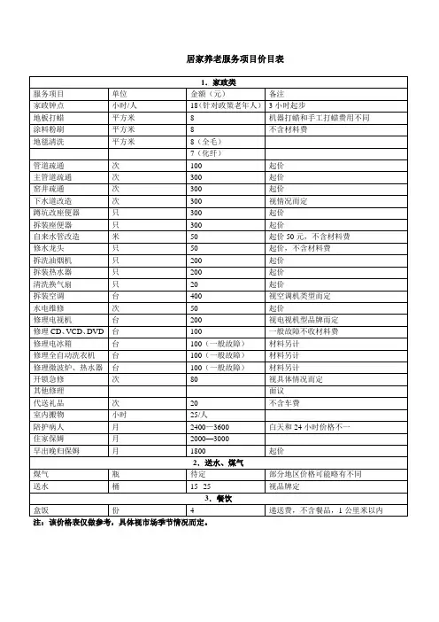 居家养老价目表