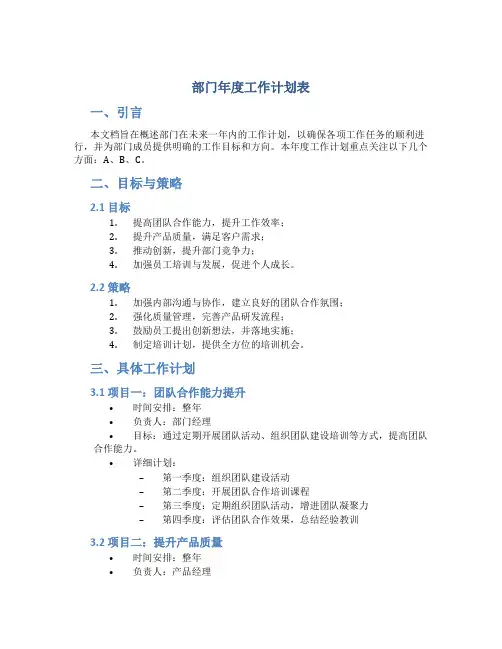 部门年度工作计划表