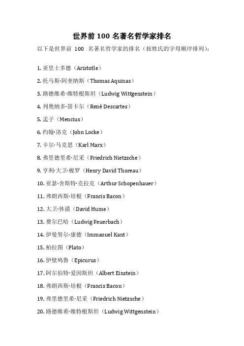 世界前100名著名哲学家排名