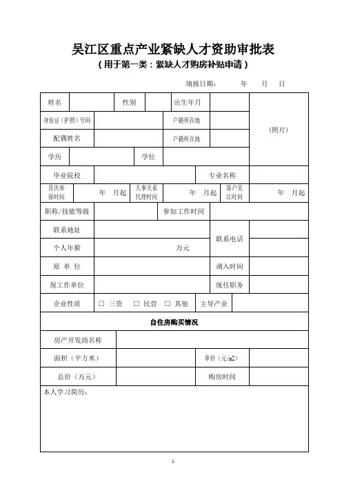 吴江区重点产业紧缺人才资助审批表