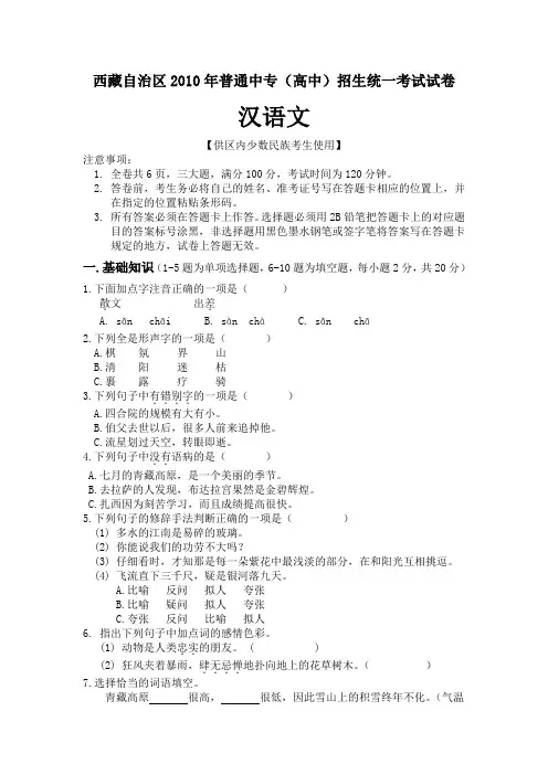 2010年西藏汉语考试试卷(区编)