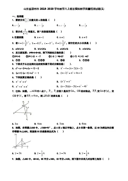 山东省德州市2019-2020学年数学八上期末模拟教学质量检测试题(1)