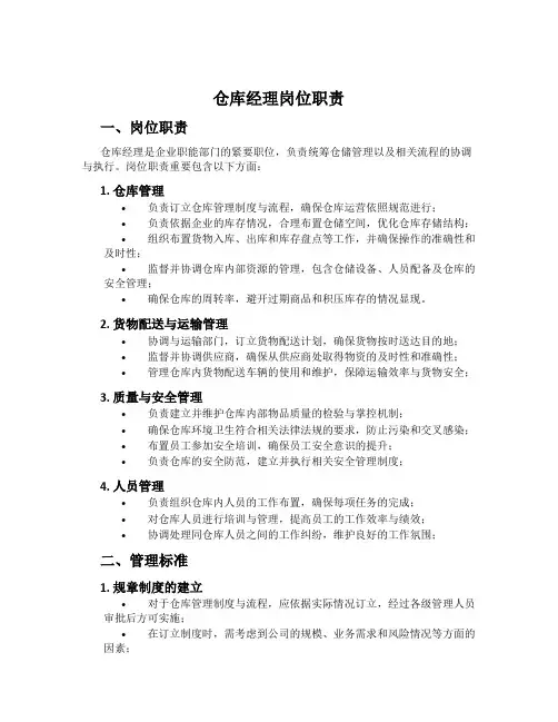 仓库经理岗位职责