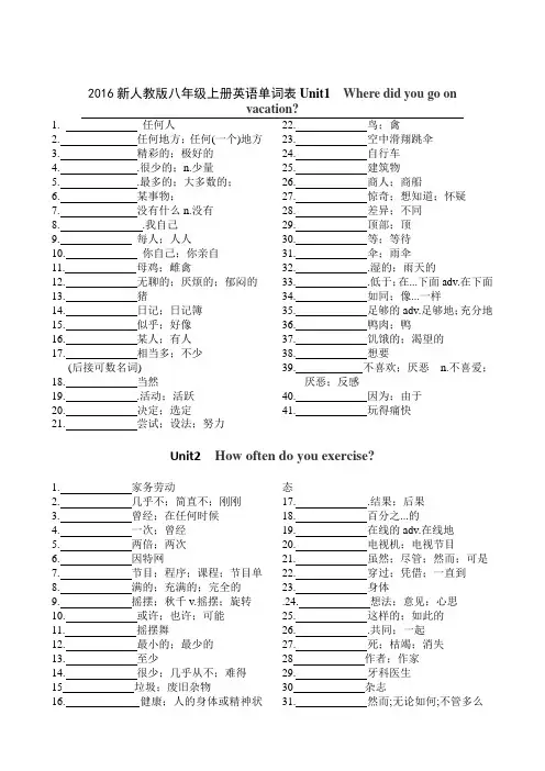 2017新人教版八年级上册英语单词表默写版
