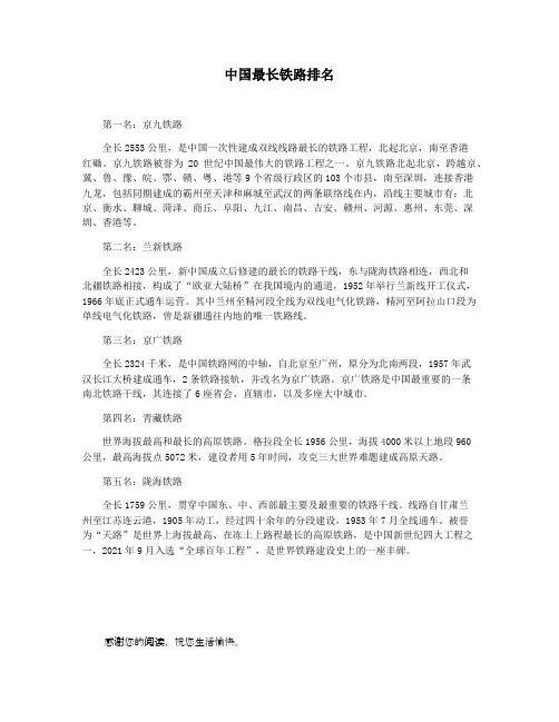 中国最长铁路排名