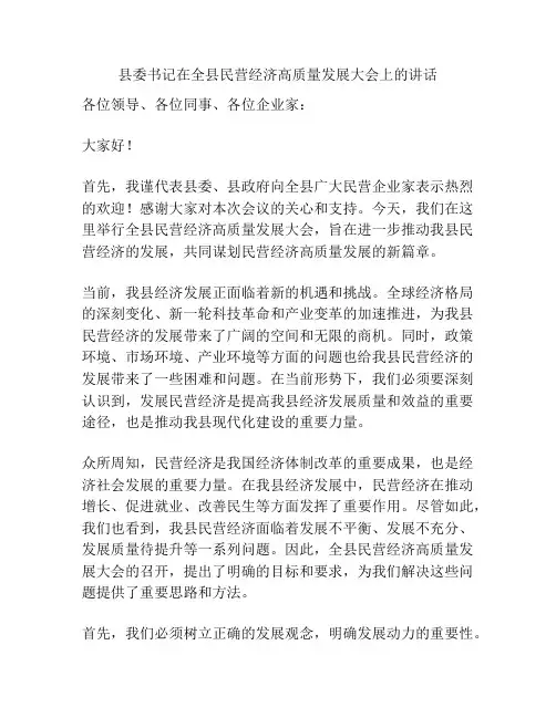 县委书记在全县民营经济高质量发展大会上的讲话