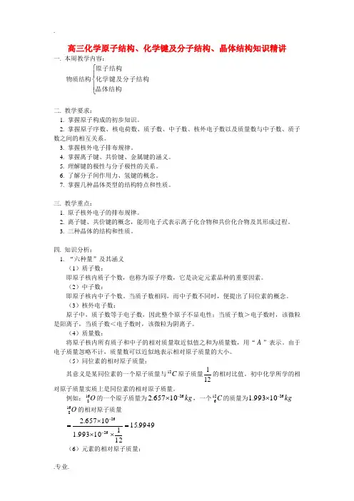 高三化学原子结构、化学键及分子结构、晶体结构知识精讲 人教版