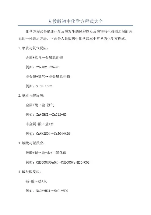 人教版初中化学方程式大全