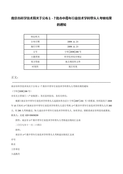 南京市科学技术局关于公布1－7批市中青年行业技术学科带头人考核结果的通知-宁科[2009]266号