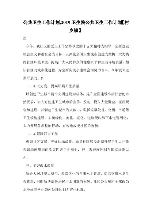 公共卫生工作计划,2019卫生院公共卫生工作计划【村乡镇】.doc