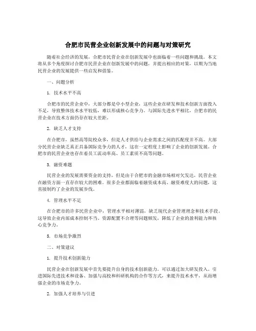 合肥市民营企业创新发展中的问题与对策研究
