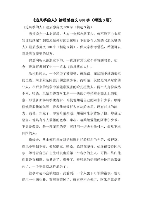 《追风筝的人》读后感范文800字(3篇)