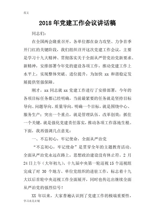 【范文】2018年党建工作会议讲话稿