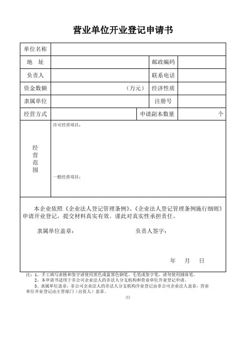营业单位开业登记申请书