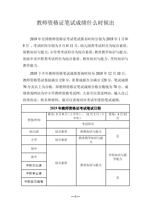 教师资格证笔试成绩什么时候出