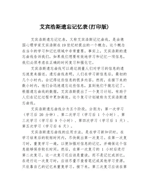 艾宾浩斯遗忘记忆表(打印版)