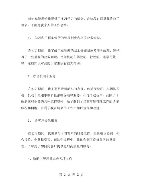 车管所实习生个人工作总结范文