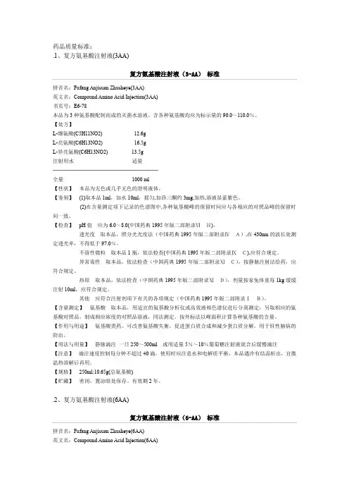 复方氨基酸注射液质量标准汇总