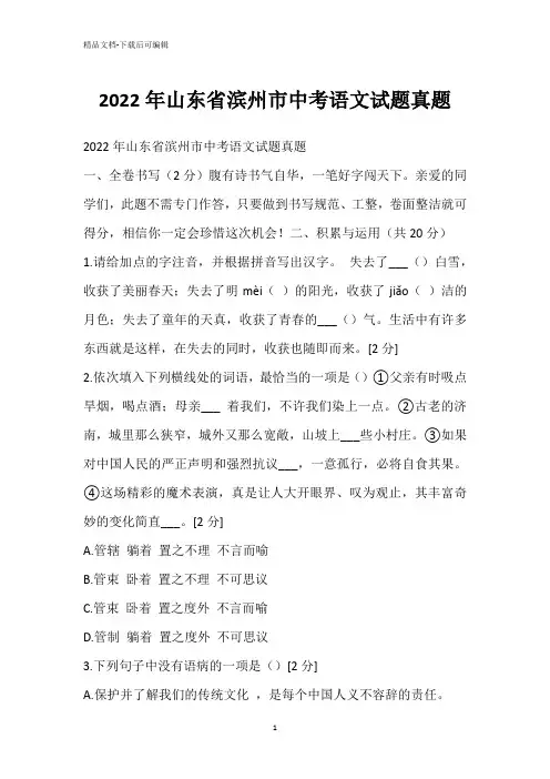 2022年山东省滨州市中考语文试题真题