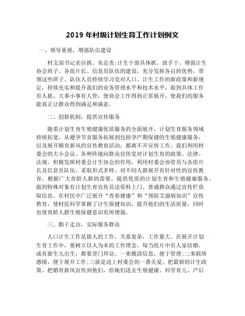 2019年村级计划生育工作计划例文