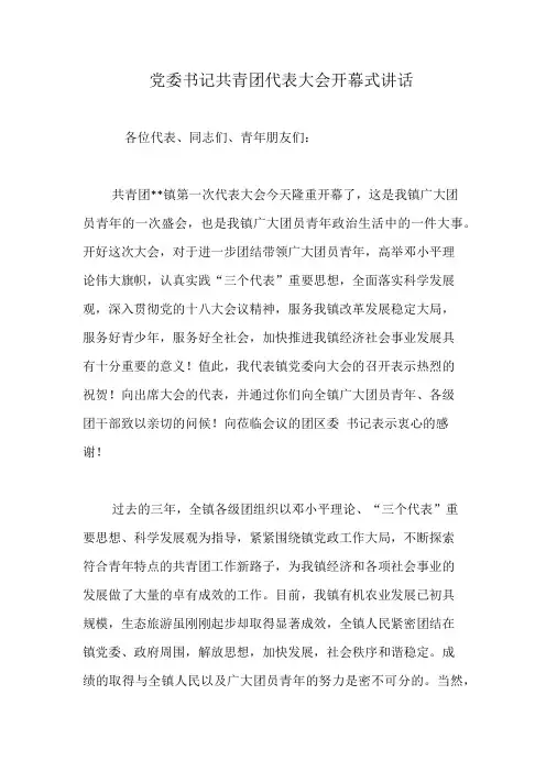 党委书记共青团代表大会开幕式讲话