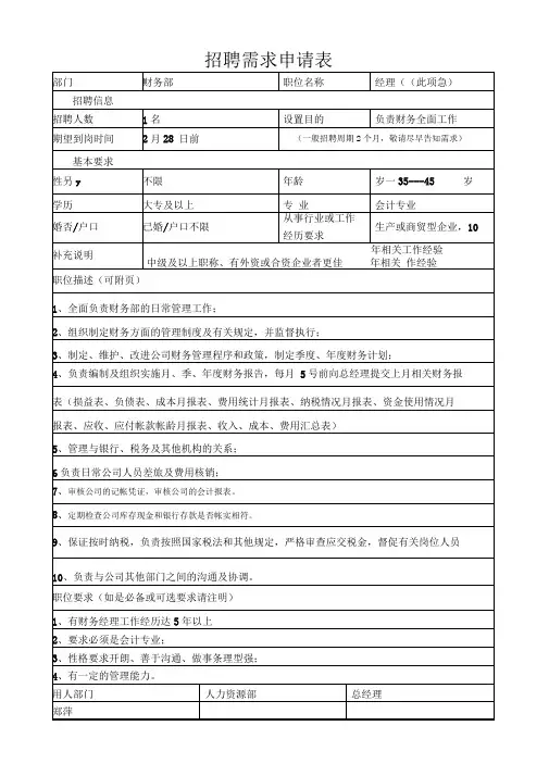 人员需求申请表(范本)