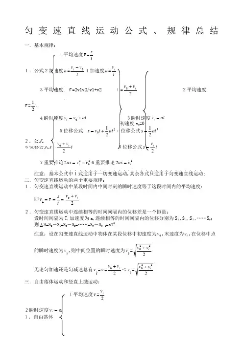 高一物理匀变速直线运动公式