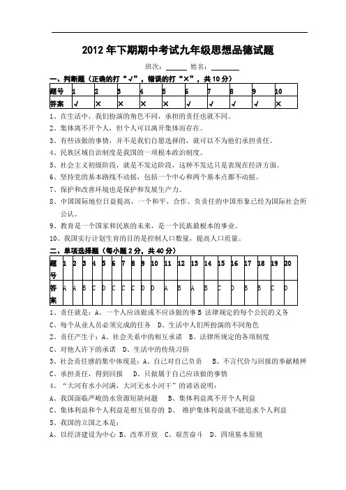 2012年下期期中考试九年级思想品德试题答案
