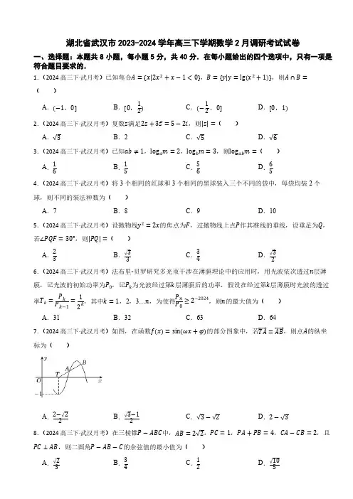 湖北省武汉市2023-2024学年高三下学期数学2月调研考试试卷(含答案)
