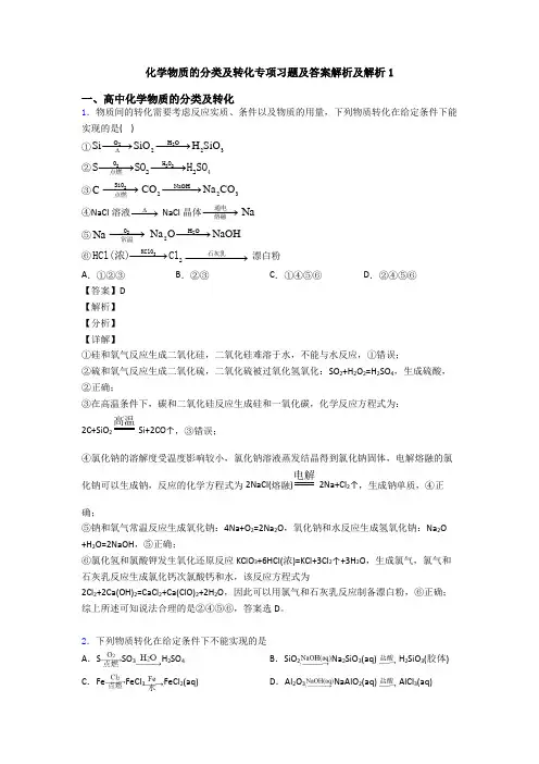 化学物质的分类及转化专项习题及答案解析及解析1
