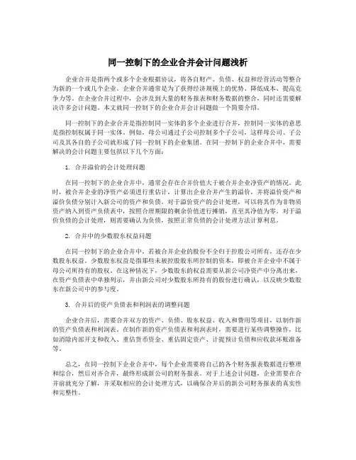 同一控制下的企业合并会计问题浅析