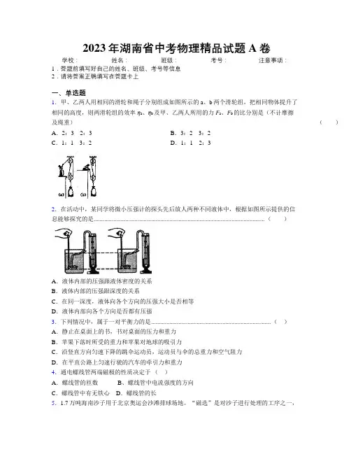 2023年湖南省中考物理精品试题A卷附解析