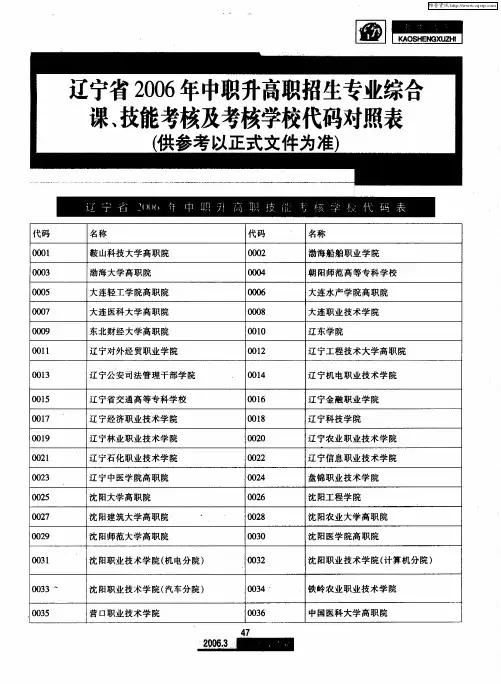 辽宁省2006年中职升高职招生专业综合课、技能考核及考核学校代码对照表