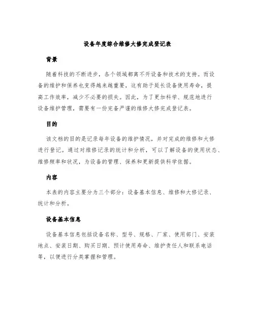 设备年度综合维修大修完成登记表