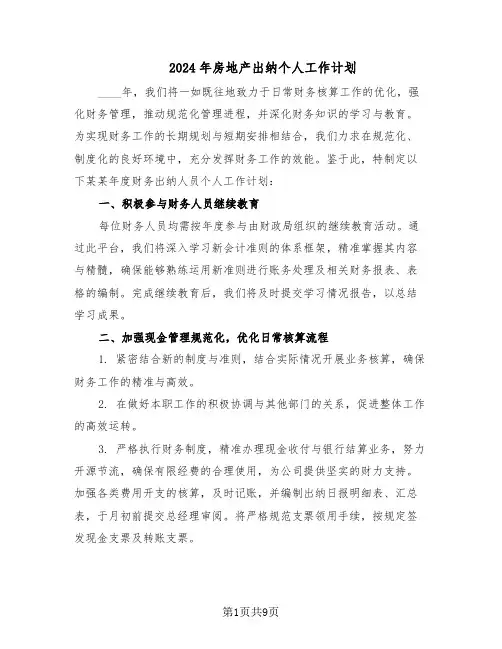 2024年房地产出纳个人工作计划（6篇）