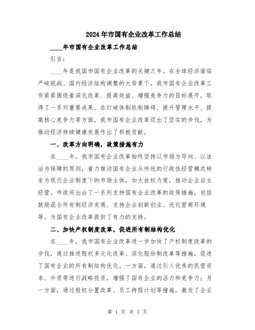 2024年市国有企业改革工作总结