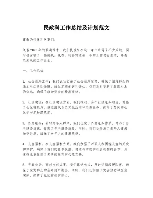 民政科工作总结及计划范文