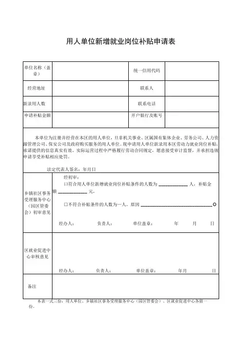 2018年就业补贴政策申请表